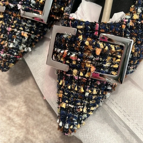 Pointed Toe Multicolor Navy Tweed Flats with Silver Buckle Size 38 #P01 - Picture 4 of 10